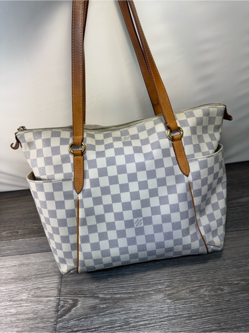 Louis Vuitton Damier Azur Canvas Tote with Tan Leather Straps